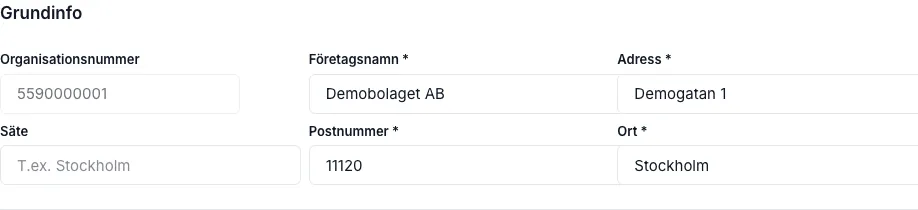 Grundinfo-sektionen med fält för organisationsnummer, företagsnamn, adress, säte, postnummer och ort.