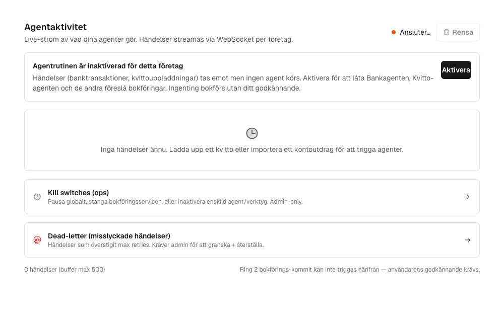 Agentaktivitet-fliken med websocket-anslutningsstatus (Ansluter…), varning om att agentrutinen är inaktiverad, 0 händelser i buffern, och expanderbara sektioner för Kill switches och Dead-letter-kön.