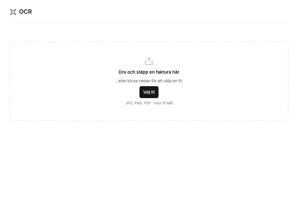 OCR-fliken med drop-zon för fakturabilder och en resultatpanel med extraherade fält + konfidensbadges.