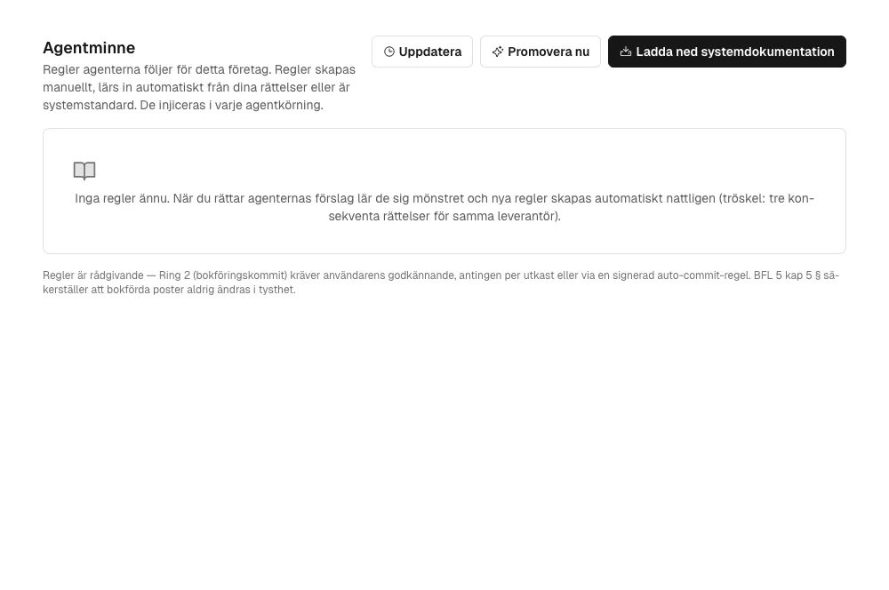 Agentminne-fliken där Kvittoagentens (och övriga agenters) lärda regler lagras — vendor→konto-mappningar, konfidenströsklar, förtydligande undantag.