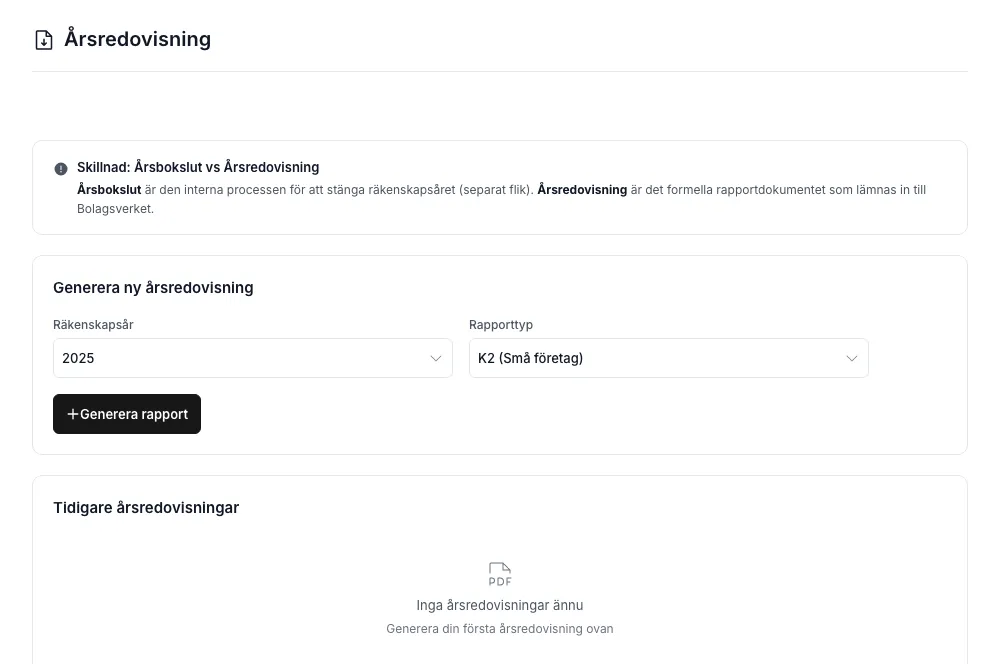 Årsredovisnings-fliken där iXBRL byggs — val av räkenskapsår och K2/K3-rapporttyp, Generera-rapport-knapp och tom-lista-tillstånd för tidigare årsredovisningar. Ladda-ner-iXBRL-knappen dyker upp per rad när rapporter finns.
