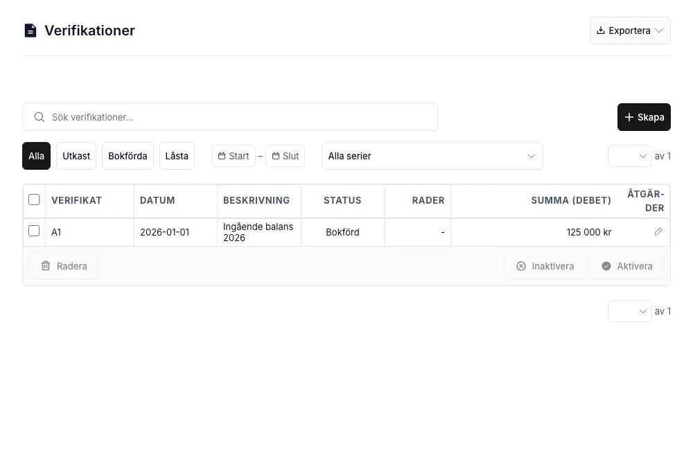 Verifikationsfliken med filter för Alla/Utkast/Bokförda/Låsta, datumintervall och serieval, samt en tabell över bokförda verifikationer med nummer, datum, beskrivning, status och summa.