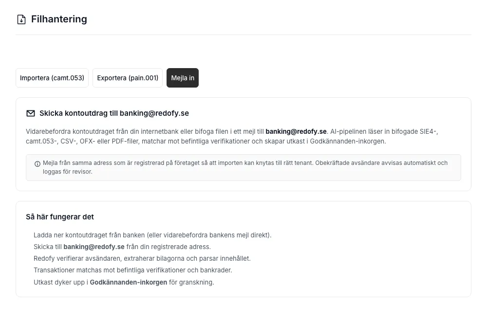 Mejla-in-fliken i Filhantering med instruktion att skicka kontoutdrag till banking@redofy.se, not om avsändarverifiering, och steg-för-steg över hur pipelinen extraherar bilagor och skapar utkast i Godkännanden.
